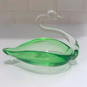 Vintage Handblown Green & Clear Art Glass Swan Bowl